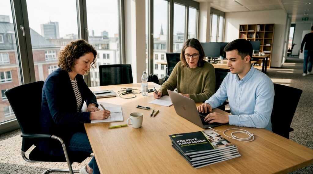 Das Team unserer Agentur bei einer Besprechung im Büro
