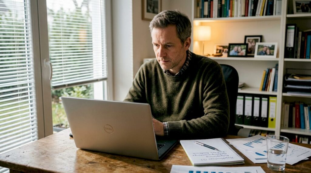 Ein Mitarbeiter kümmert sich im Büro um verschiedene SEO-Aufgaben.