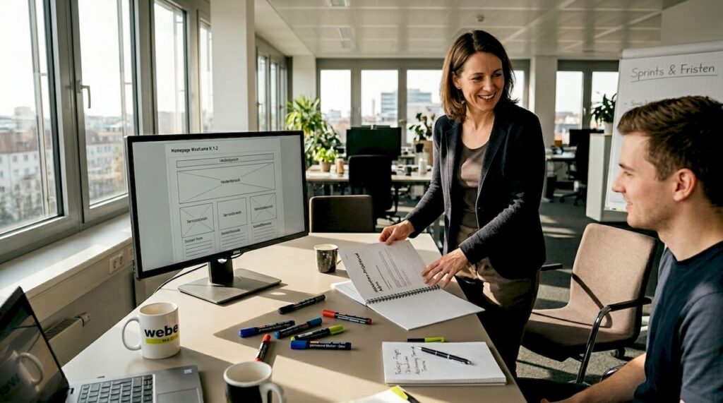 1774239385122_Website-project-manager-reviewing-relaunch-brief Der Projektleiter für die Website prüft das Briefing zum Relaunch.