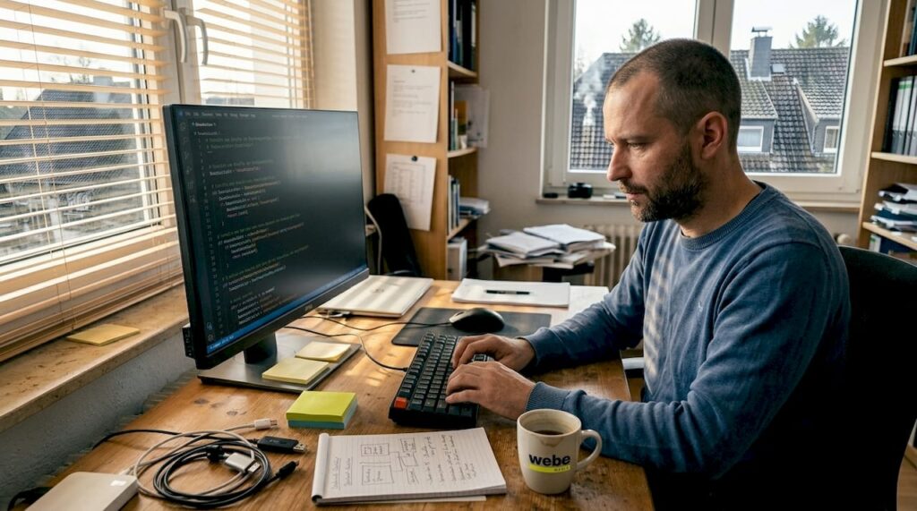 1774341012413_Developer-coding-web-application-in-office Ein Entwickler arbeitet im Büro an einer Webanwendung und schreibt dabei Code.