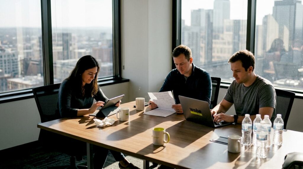 1774522198925_Team-bei-digitalem-Strategie-Meeting-am-Konferenztisch Das Team tauscht sich beim digitalen Strategie-Meeting gemeinsam am Konferenztisch aus.