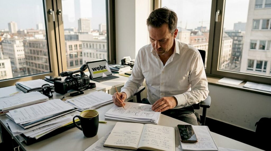 Der Geschäftsführer möchte demnächst eine Videoproduktion im Büro auf die Beine stellen.