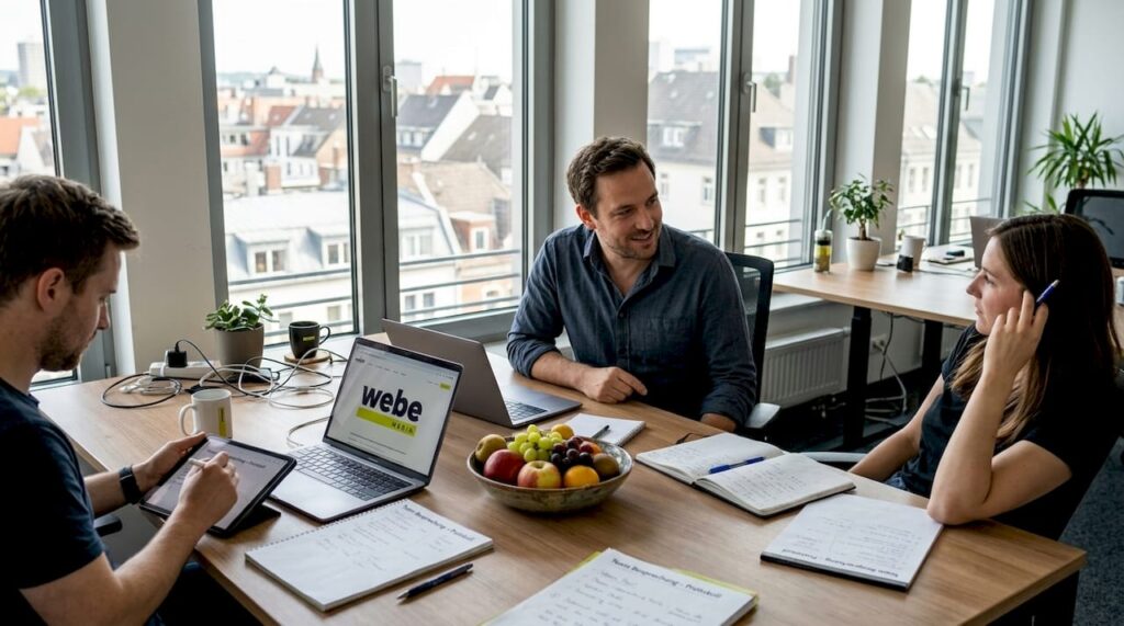 Ein kleines Team tauscht sich im Büro aus und arbeitet gemeinsam an neuen Ideen.