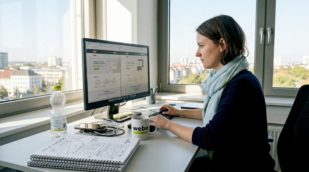 Ein Webdesigner begutachtet im Büro den Prototyp einer neuen Webseite.