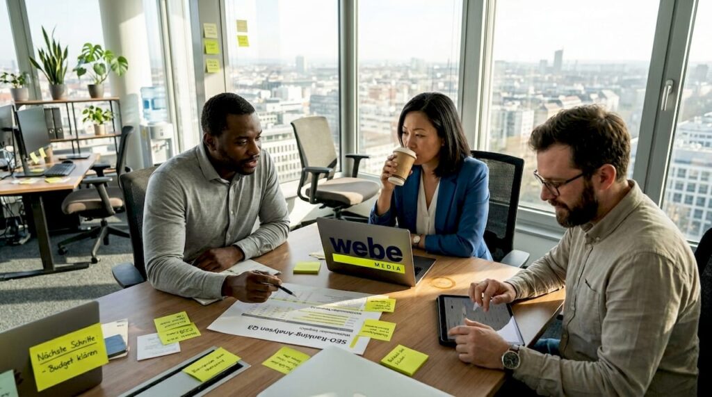 Das Team trifft sich, um gemeinsam eine Strategie für die Suchmaschinenoptimierung zu erarbeiten.