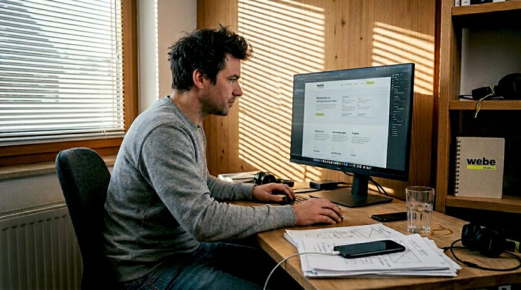 Ein Webdesigner sitzt im Homeoffice und arbeitet konzentriert an seinem Schreibtisch.