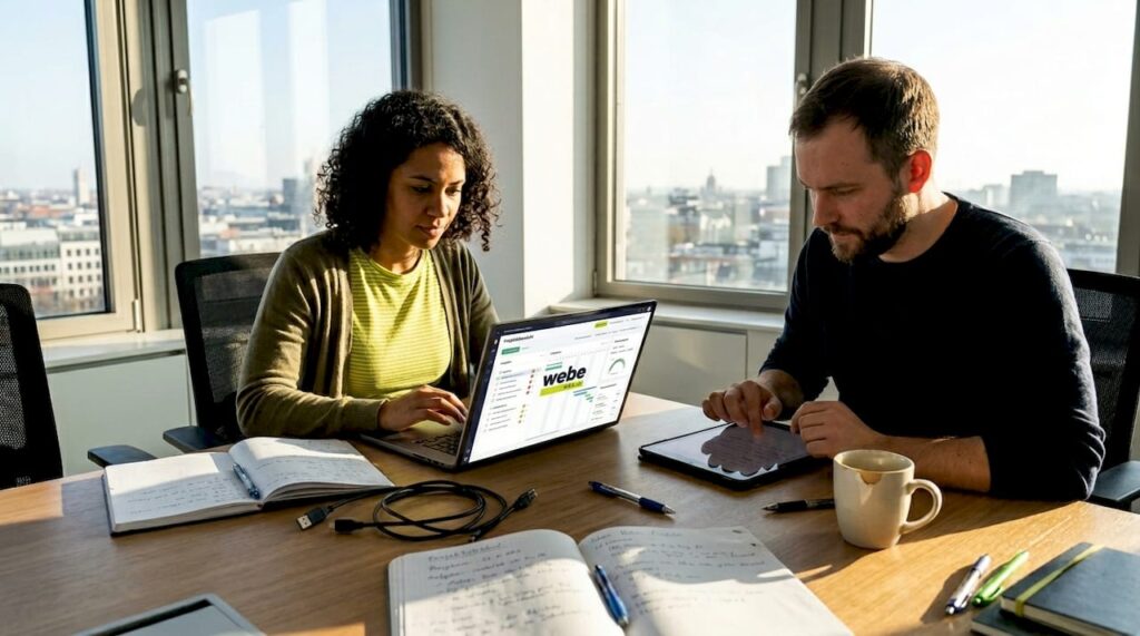 Entwickler arbeiten gemeinsam im Büro und tauschen sich direkt aus.