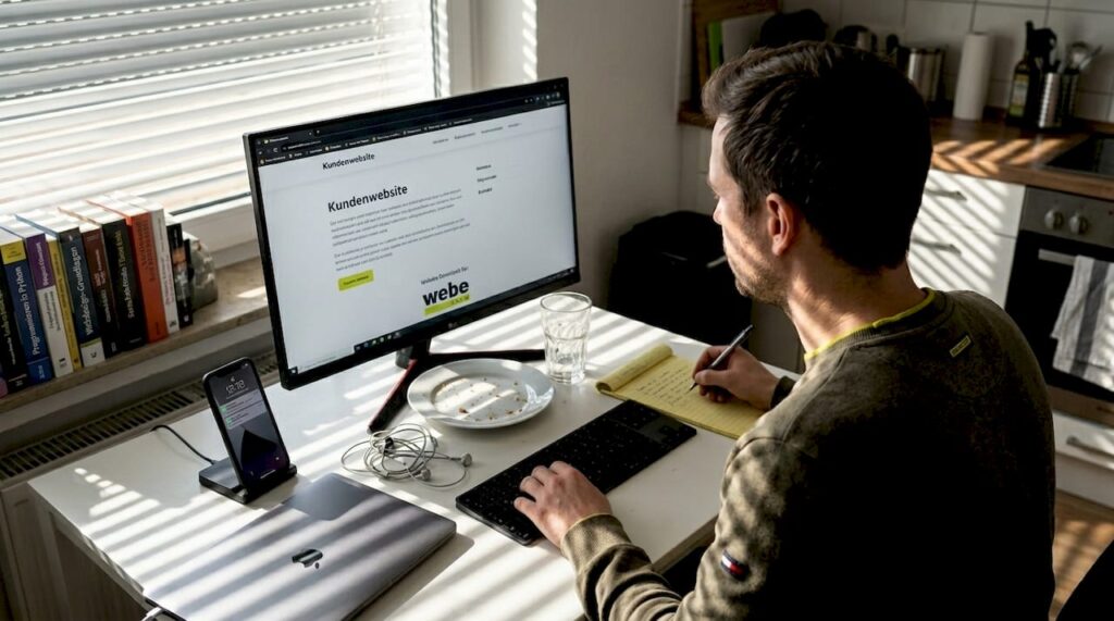 Ein Designer überprüft die Webseite an seinem heimischen Arbeitsplatz.