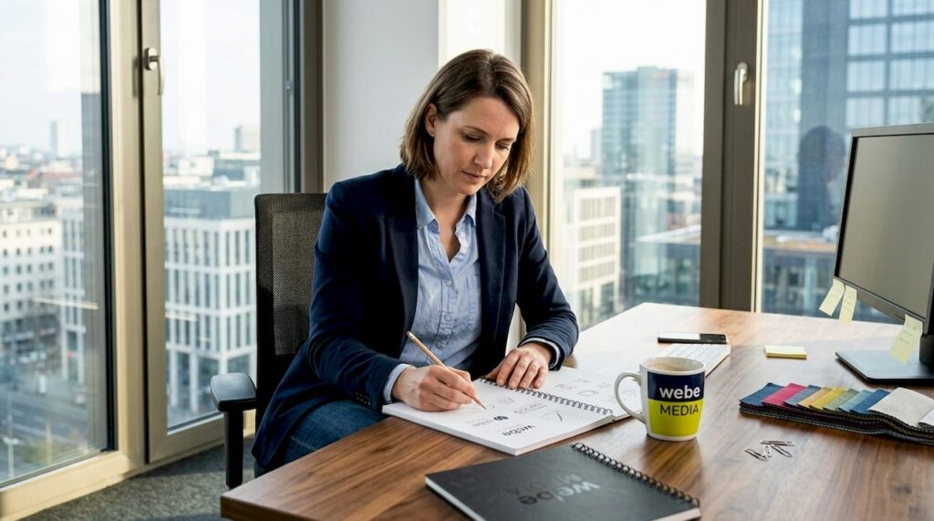 Ein Designer entwirft in seinem Büro erste Skizzen für neue Logo-Ideen.