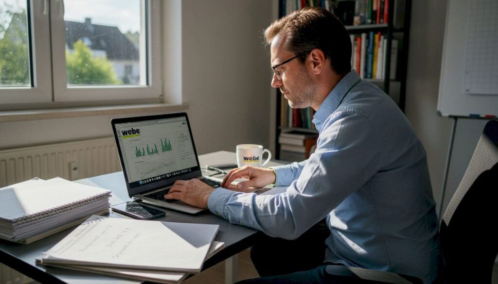 Eine SEO-Expertin analysiert die aktuellen Website-Daten im Homeoffice.