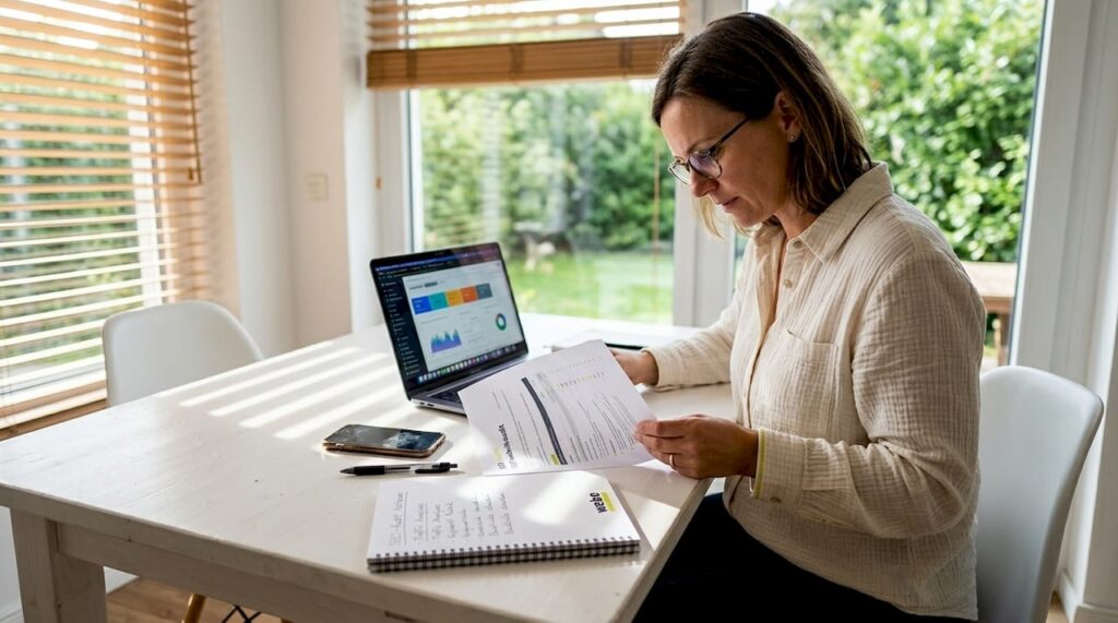 Ein Berater analysiert ein SEO-Audit an seinem Schreibtisch im Homeoffice.