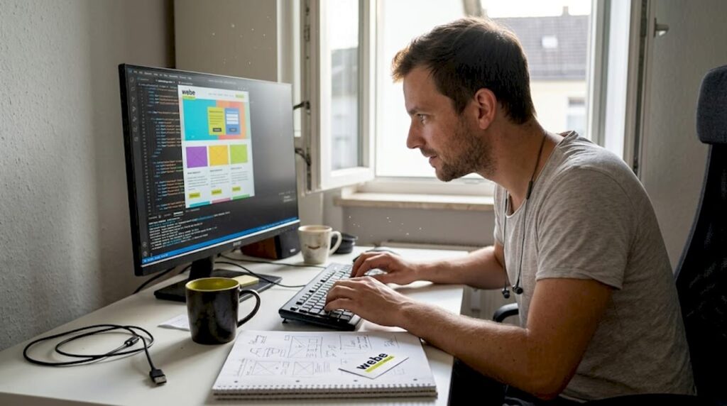 Ein Webdesigner sitzt an seinem Arbeitsplatz und gestaltet eine neue Webseite.