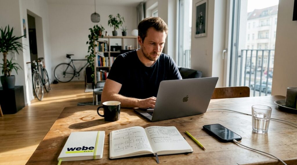 Ein Webentwickler sitzt im Homeoffice und arbeitet am Laptop.