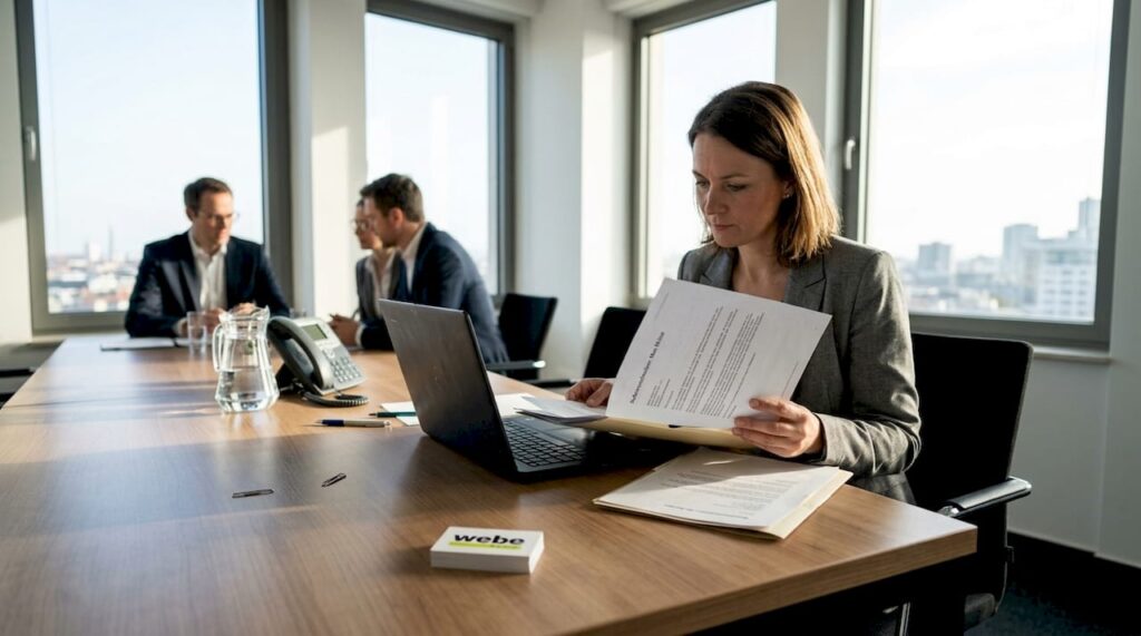 Eine Mitarbeiterin überprüft die Referenzen von Bewerbern am Konferenztisch in der Agentur.