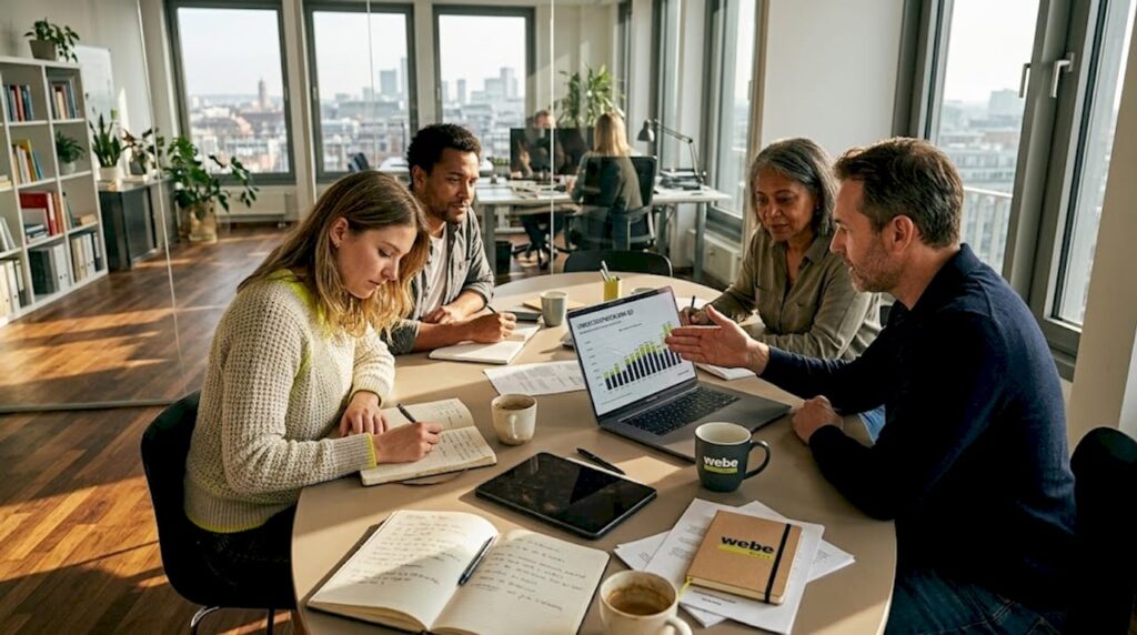 Das Agenturteam tauscht sich beim Strategiemeeting gemeinsam am Konferenztisch aus.