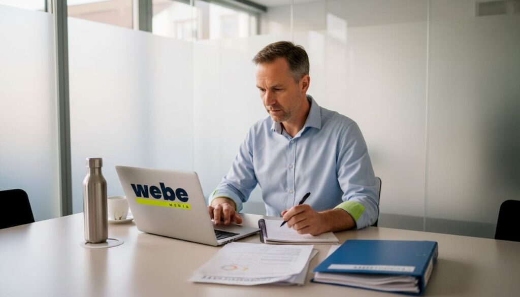 Ein Manager prüft Unterlagen zur digitalen Geschäftsstrategie.