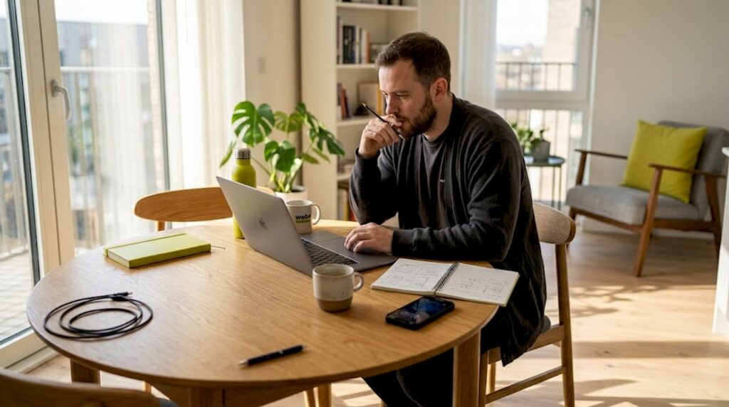 Ein Webdesigner sitzt mit seinem Laptop am Esstisch und arbeitet.