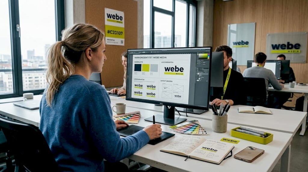 Eine Grafikdesignerin arbeitet konzentriert am Schreibtisch und entwickelt ein neues Markenkonzept.