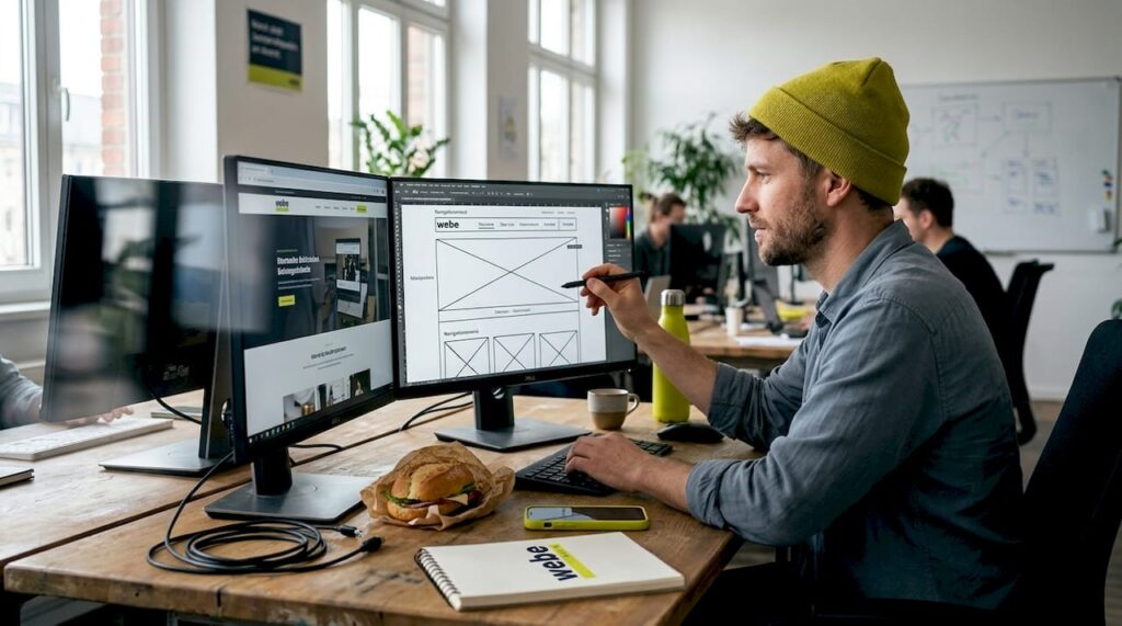 Ein Webdesigner sitzt an seinem vollgestellten Schreibtisch und arbeitet konzentriert am Bildschirm.