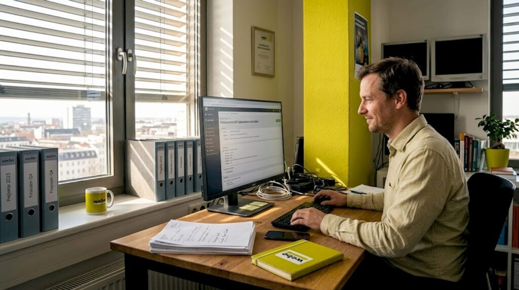 Ein IT-Spezialist bearbeitet im Büro eine eingegangene Supportanfrage.