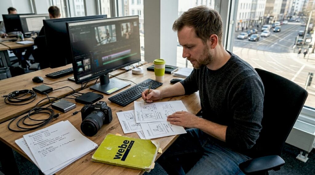 Ein Videoproduzent sichtet am Schreibtisch die Storyboards und prüft die Abläufe für den nächsten Dreh.
