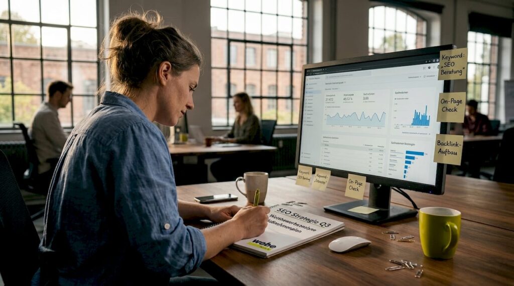 Ein SEO-Spezialist sitzt im Coworking-Space und wertet sorgfältig die aktuellen Daten aus.