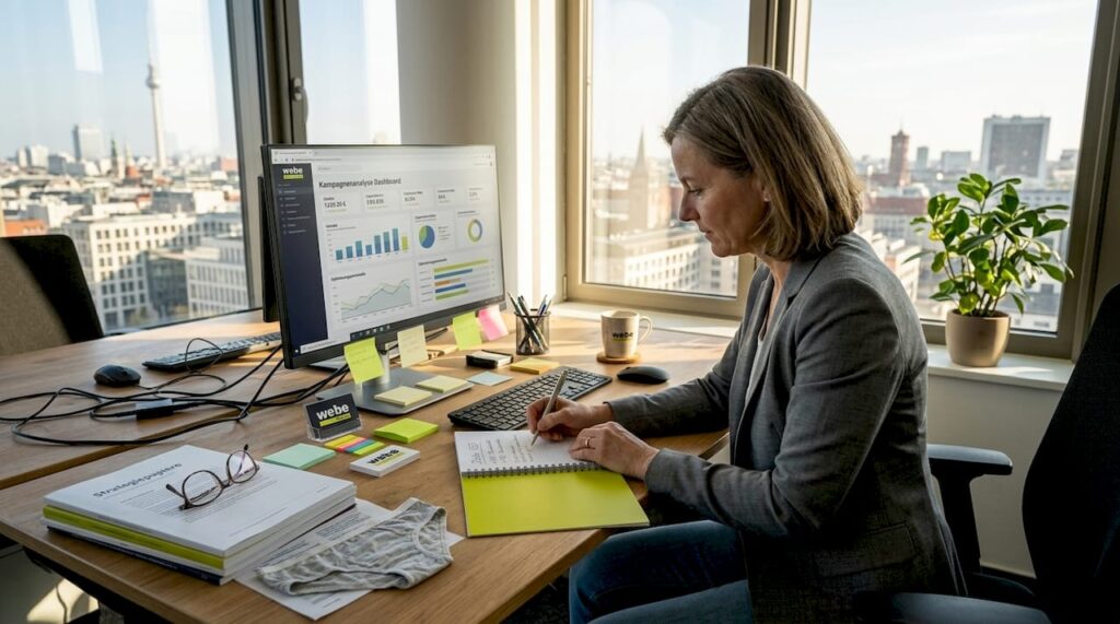 1777974484003_Marketing-manager-reviewing-campaign-data Eine Marketingmanagerin analysiert die Ergebnisse der aktuellen Kampagne.
