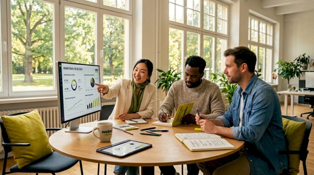 1778215168274_Team-reviewing-e-commerce-processes-in-open-plan-office Ein Team bespricht die Abläufe im E-Commerce gemeinsam im Großraumbüro.