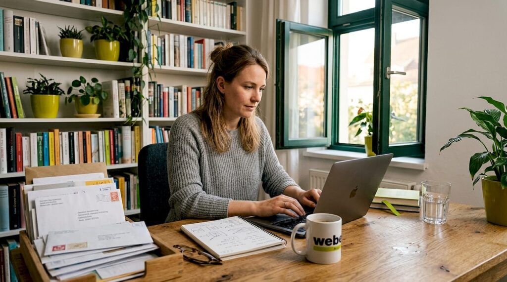 1778297978616_Woman-at-home-office-desk-working-on-website Eine Frau arbeitet im Homeoffice an ihrer Website.