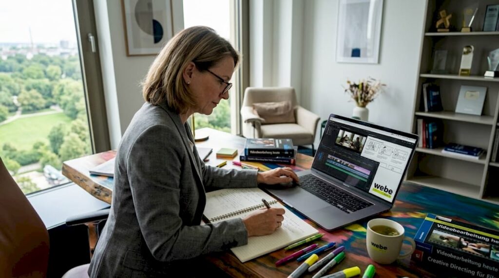 Ein Manager wirft in seinem lichtdurchfluteten Büro einen prüfenden Blick auf das Storyboard.