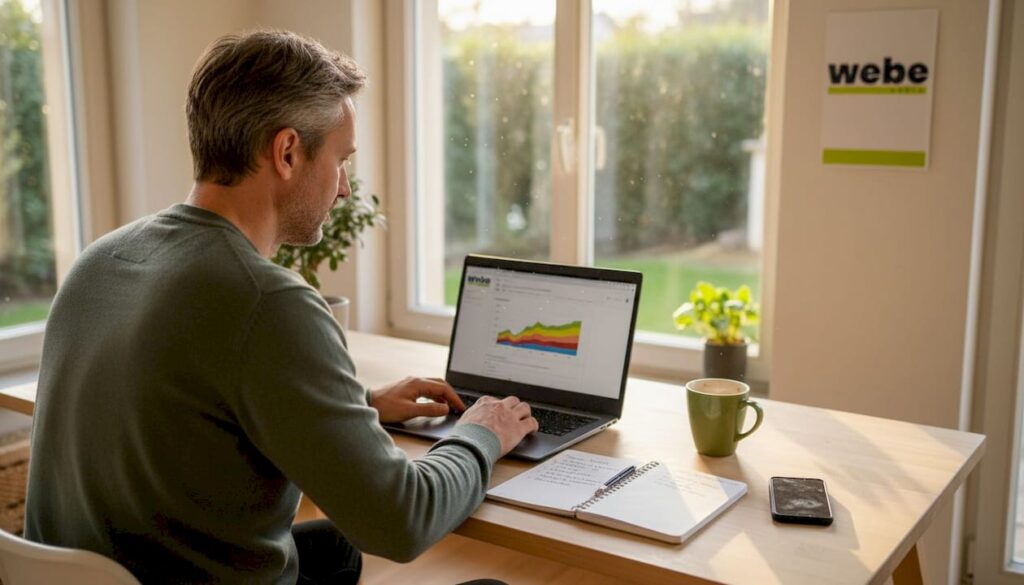 Ein Unternehmer wirft am Schreibtisch einen genauen Blick auf seinen aktuellen SEO-Report.