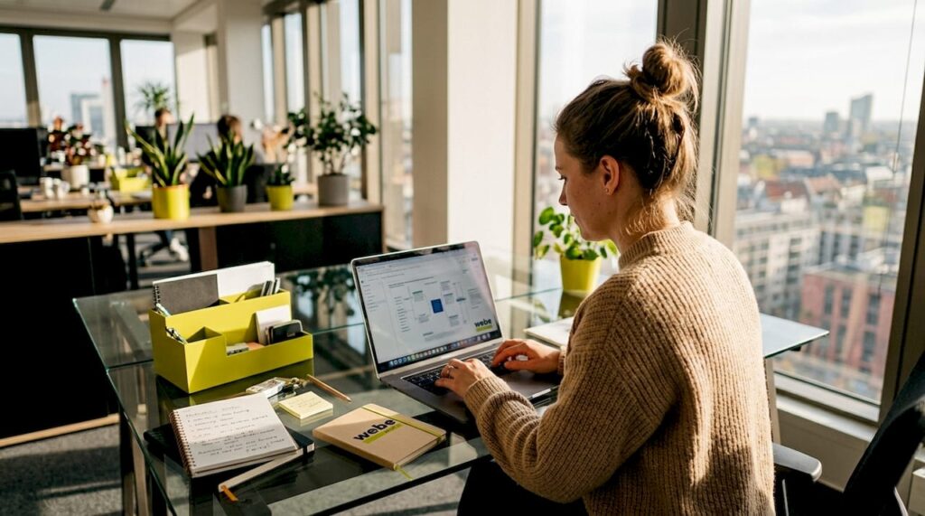 Eine Mitarbeiterin analysiert im Büro die aktuellen Webstatistiken.